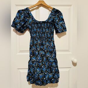 GAP Blue Smocked Puff Sleeve Scoop Neck Mini Dress